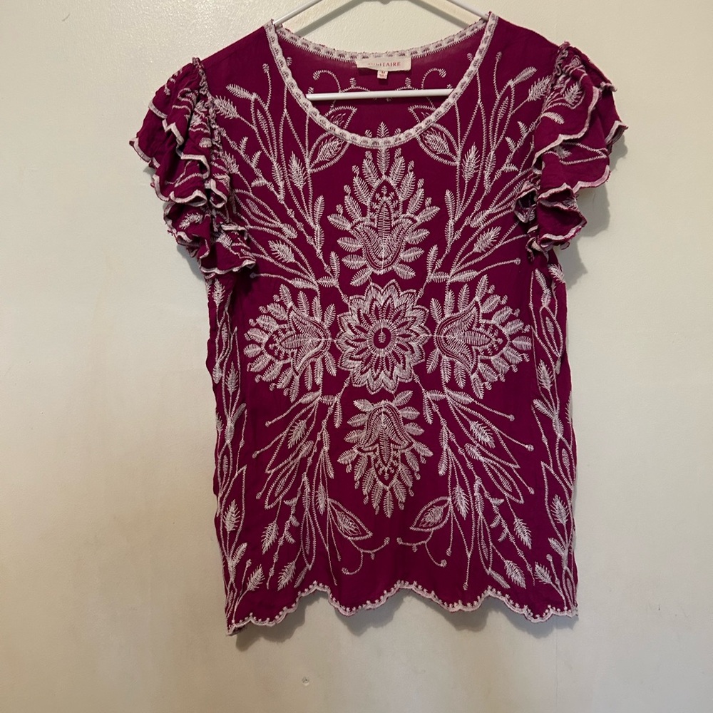 Solitaire Magenta Embroidered Ruffle Sleeve Blouse